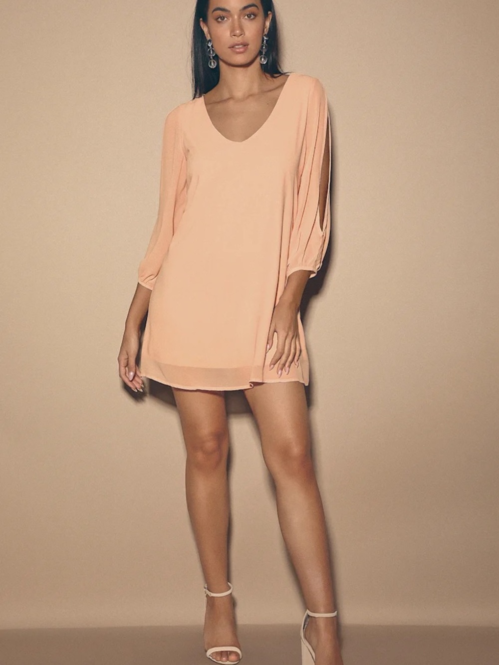 Lulu's Cold Shoulder V-Neck "Shifting Dears" Mini Dress in Pale Peach / Blush - Picture 3 of 11
